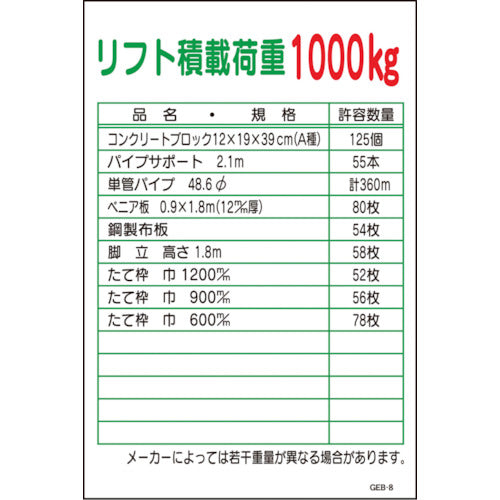 マンガ標識　ＧＥＢ－８　リフト積載荷重１０００ｋｇ