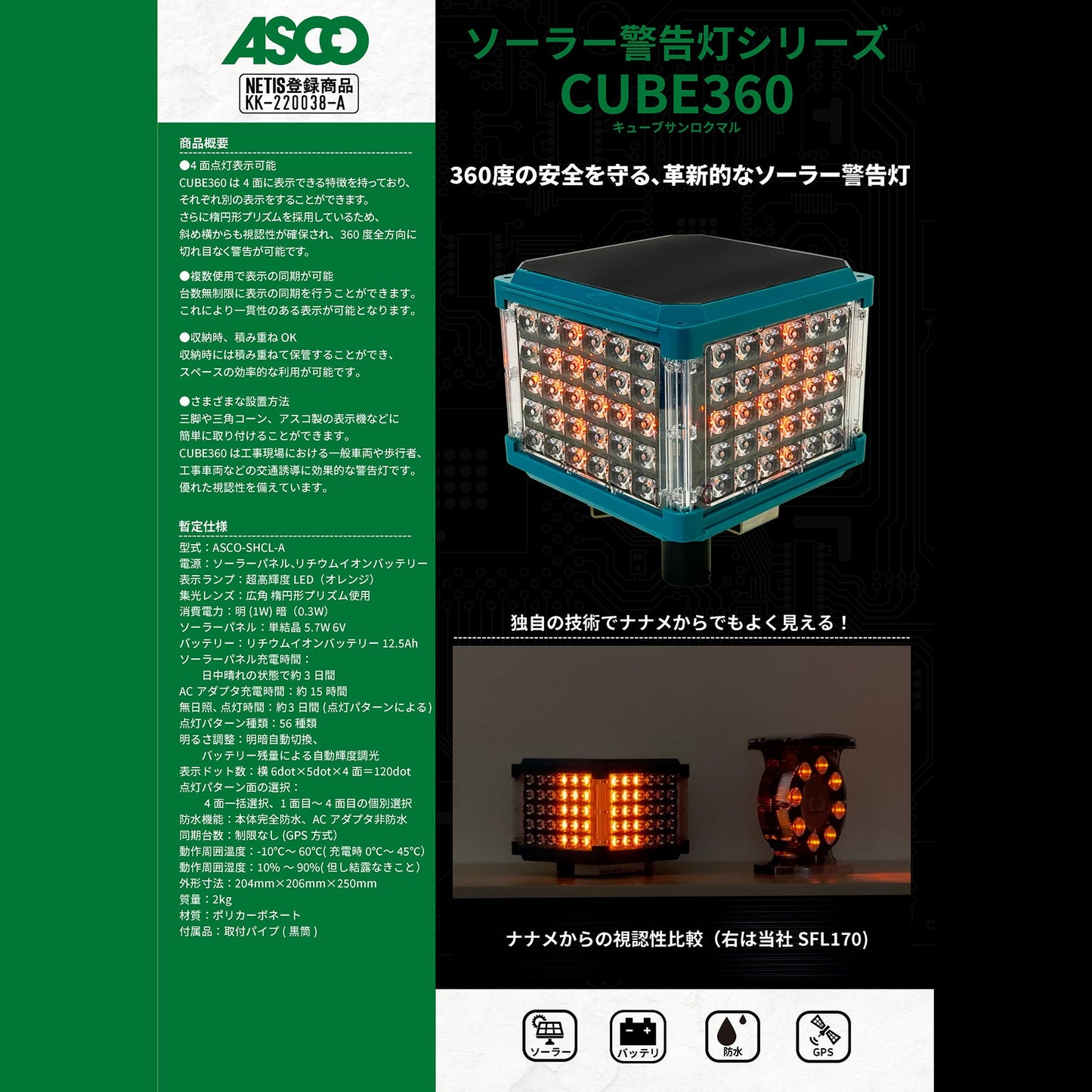 ソーラー警告灯　ＣＵＢＥ３６０　ＡＳＣＯ－ＳＨＣＬ－Ａ