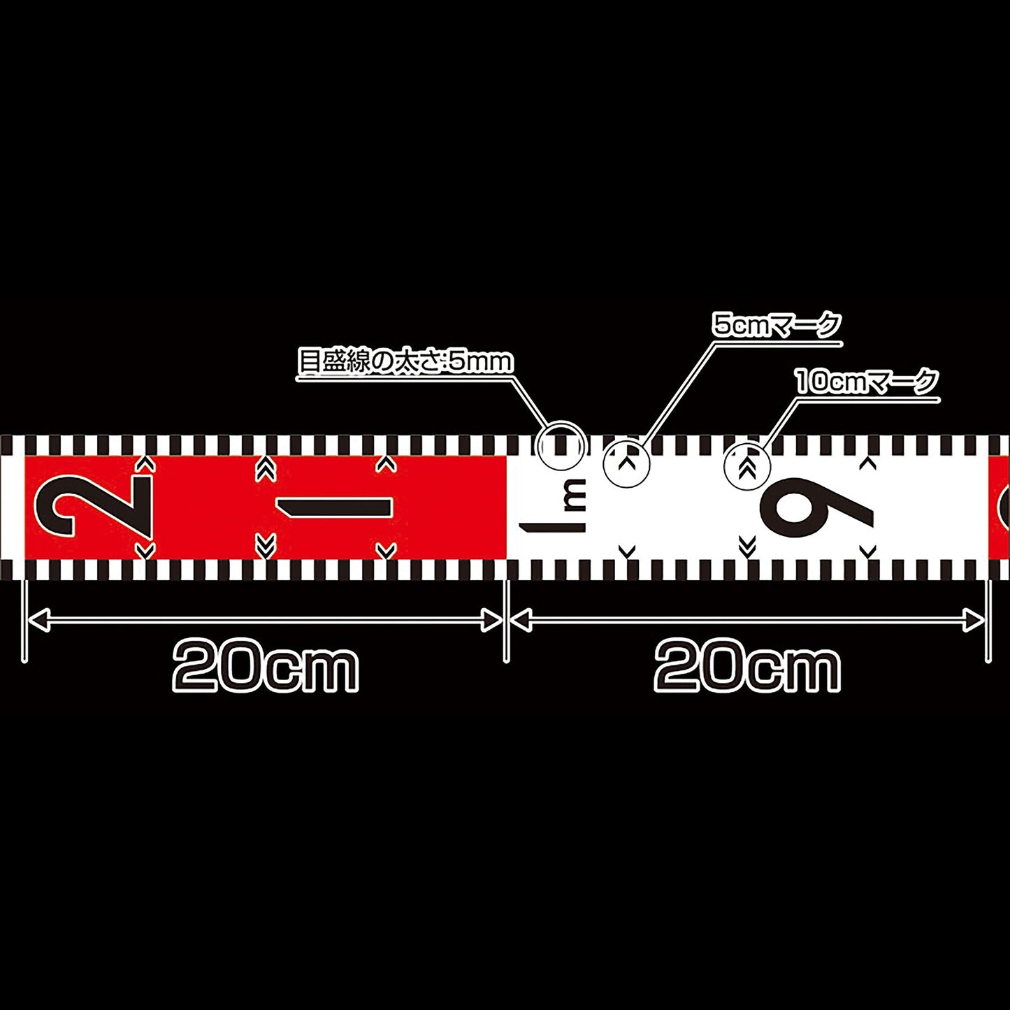 目盛数字付貼付ロッド　６０ｍｍ×２６ｍ　赤白２０ｃｍ間隔