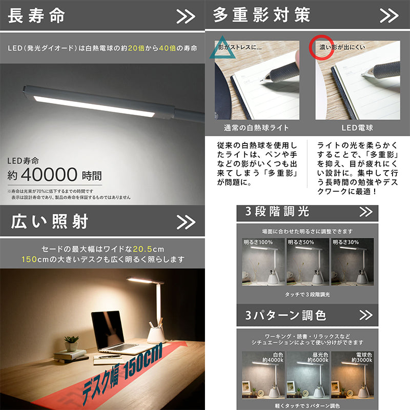 ペン立て付き卓上ＬＥＤライト　省スペース　シンプルタッチボタン　調色・調光３段階