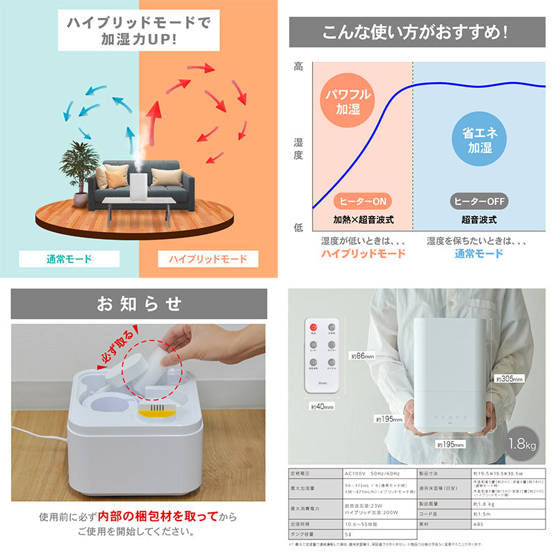 大容量ハイブリッド加湿器 卓上 55時間連続運転 除菌機能 自動加湿 空焚き防止