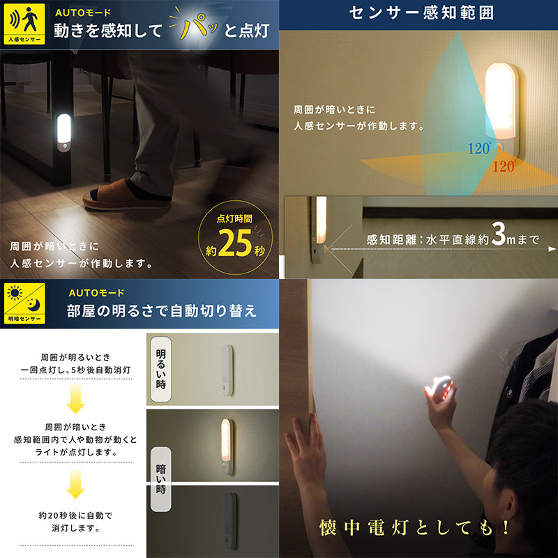 充電式LEDセンサーライト 常夜灯 懐中電灯 軽量 フック/マグネット 昼光色