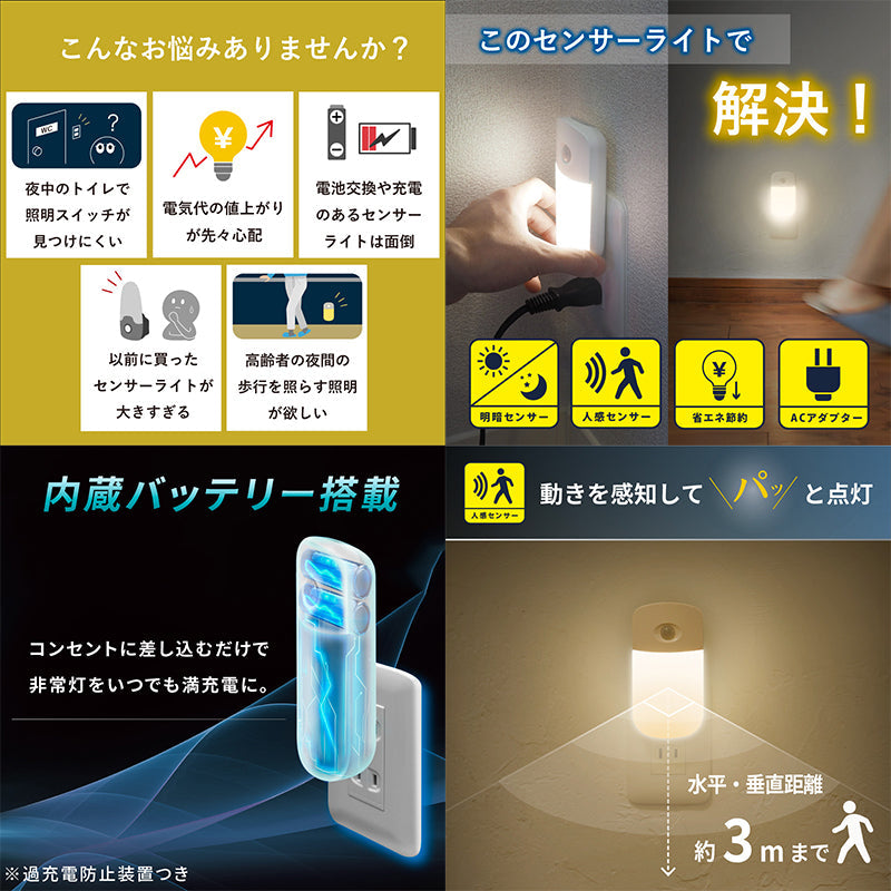 コンセント式LEDセンサーライト 人感/明暗センサー 足元灯 常夜灯 昼光色