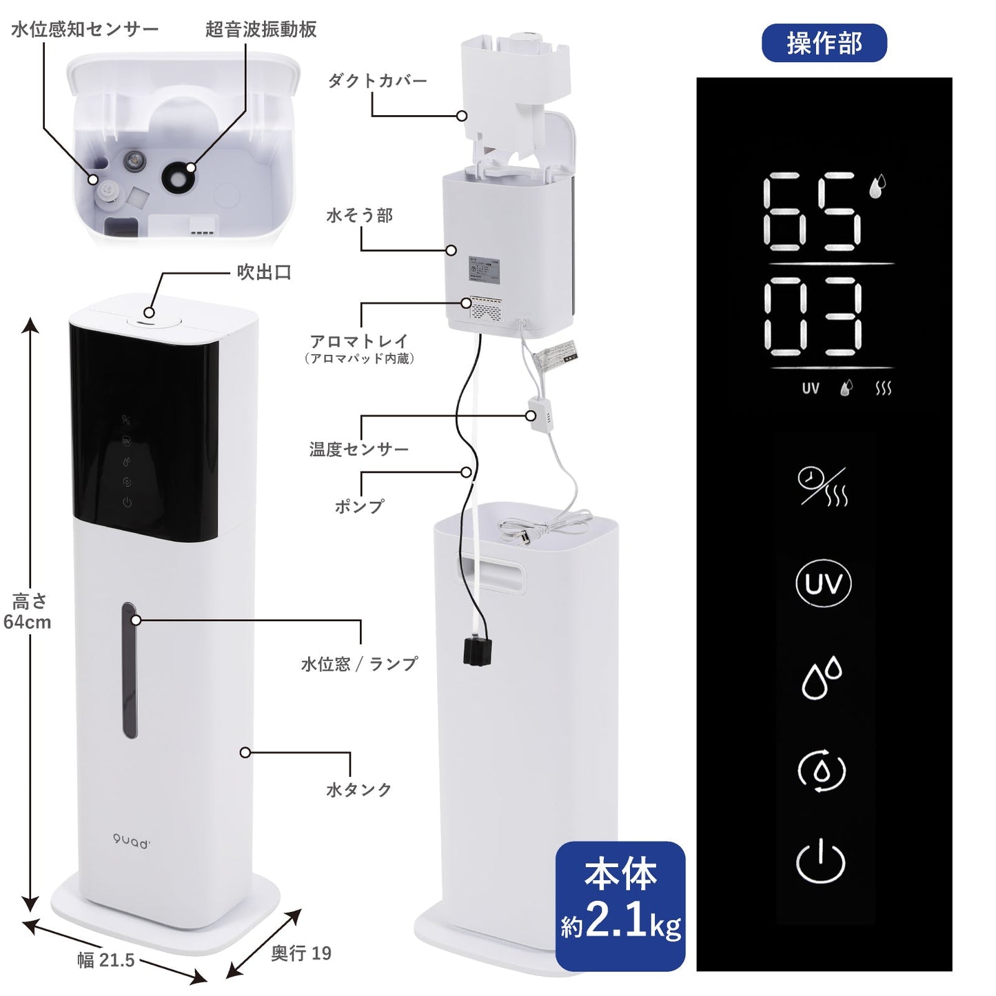 ハイブリッド式加湿器　自動湿度コントロール付　容量８L　アロマ対応