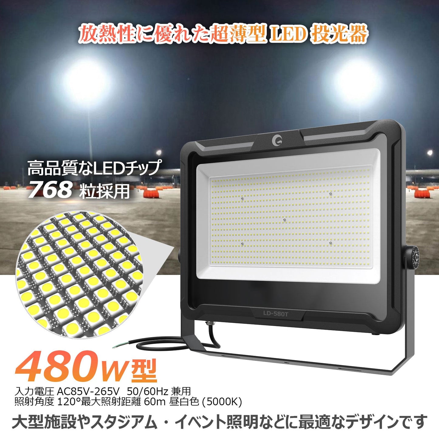 ＬＥＤ投光器　４８０Ｗ　７６８００ＬＭ　高効率　中～長距離照射　広角　１２０°