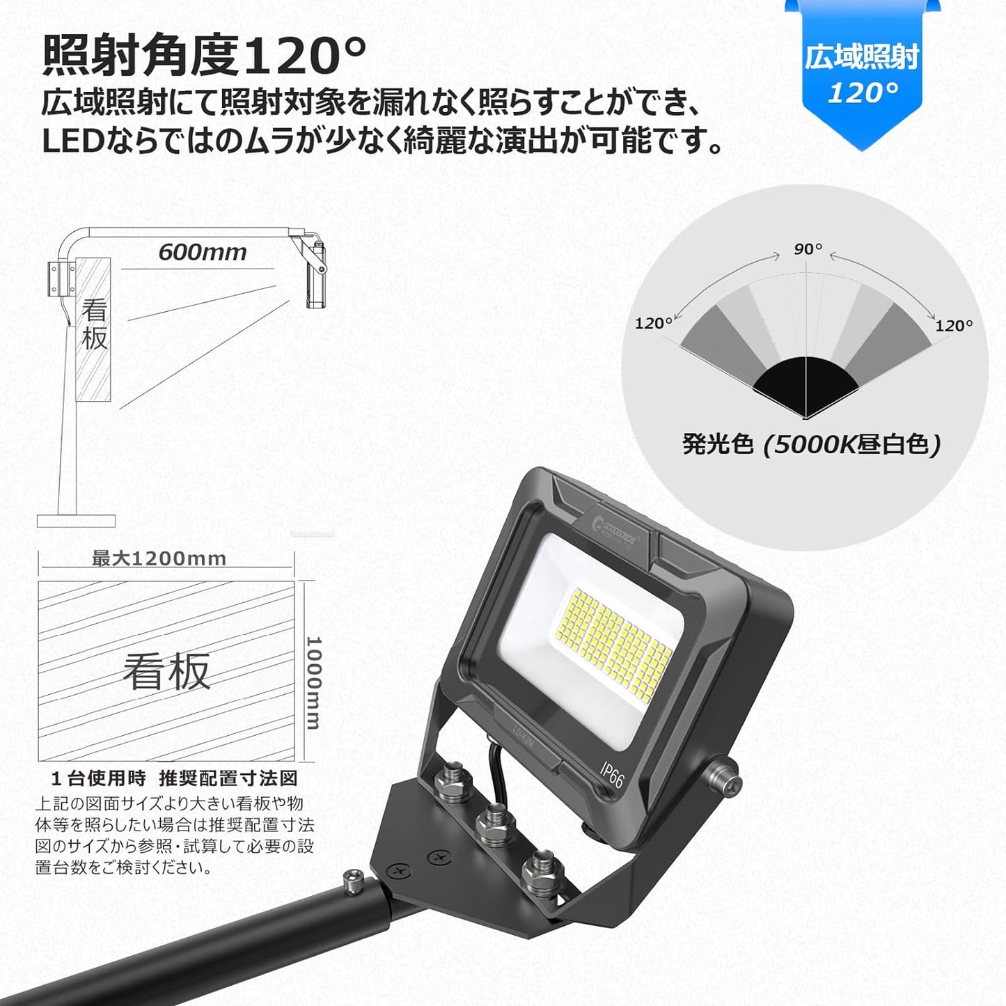 アーム式ＬＥＤ看板灯　６０ｃｍ　３０Ｗ　３１５０ＬＭ　高演色Ｒａ９５　１２０°（黒）