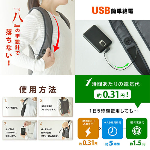 ＵＳＢ電熱ベスト　見えない　発熱インナー　中綿　３段階調温　速暖　防寒　Ｍ　ＧＹ