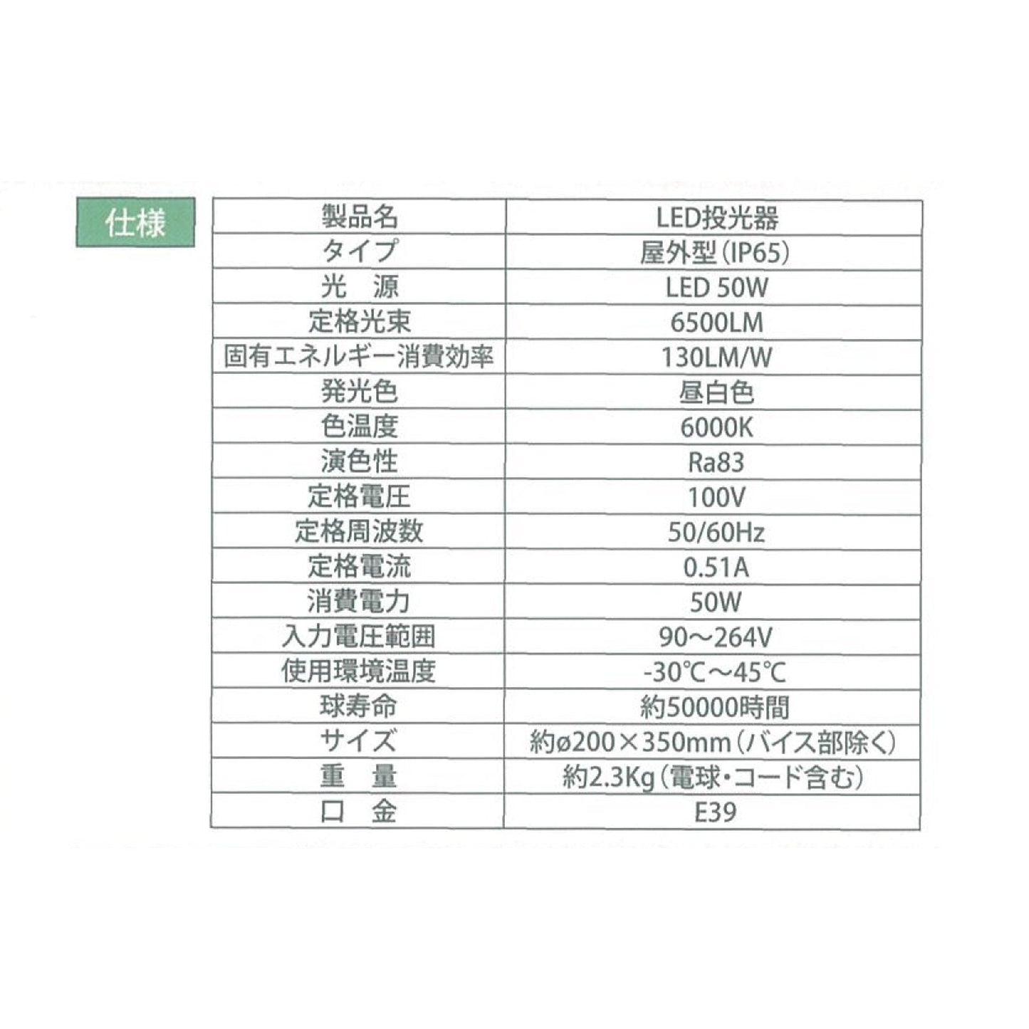 ＬＥＤ投光器　５０Ｗ×５ｍ