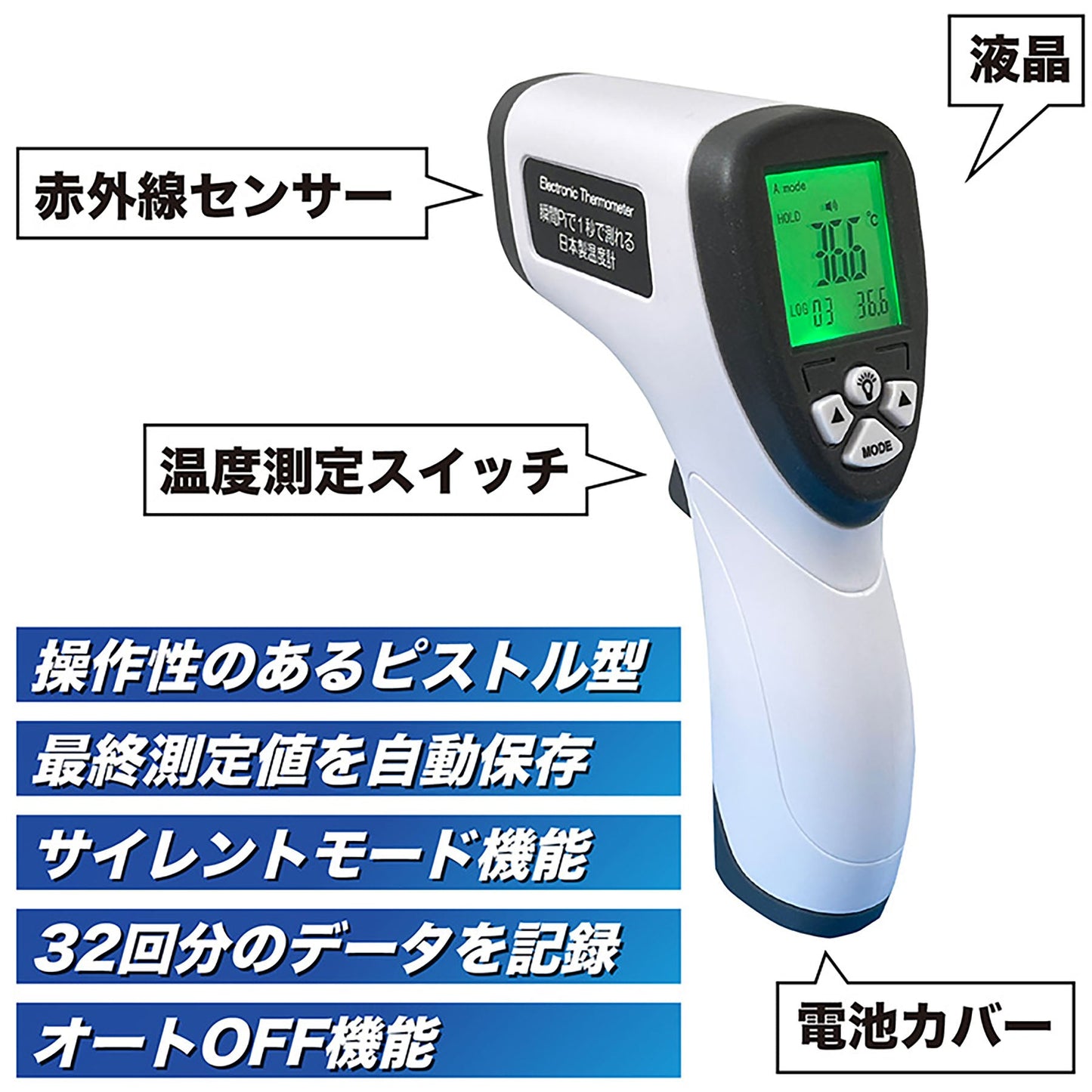 オムニ　瞬間Ｐｉ！１秒で測れる非接触式電子温度計　日本製　体温物温測定　３色表示