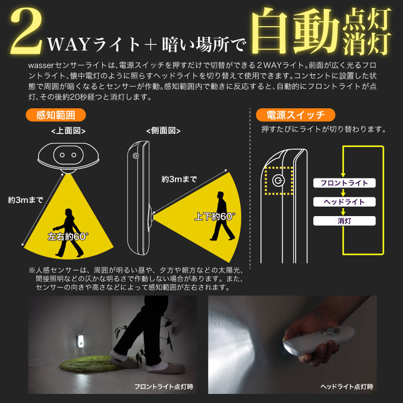 ２ＷＡＹ充電式ＬＥＤナイトライト　明暗人感センサー式　懐中電灯搭載　（昼白色）