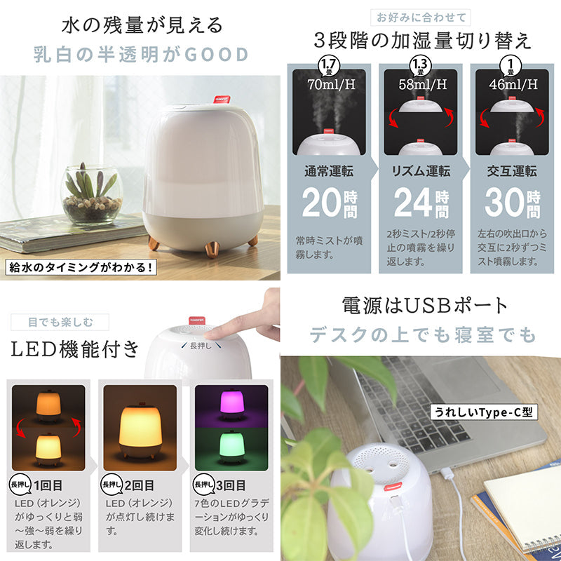 超音波加湿器　１．４Ｌ　上部給水　ＵＳＢ電源　加湿量３段階